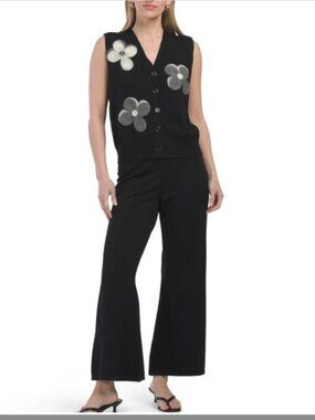 NWT SIONI 2pc Black Sleeveless Floral Embroidered Knit Vest and Pants Set Size S